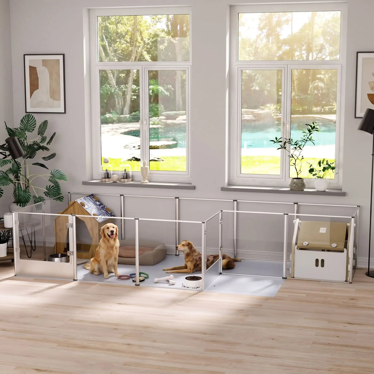 Parc-pour-chien et chiot intérieur avec cloisons-transparentes et sa structure aluminium aéronautique , modulable en forme carré ou rectangulaire, porte double verrou, vision 360° anti stress et anti anxiété pour les mises à bas, chiot, chien de petite, moyenne et grande taille, modèle xxl de 132x132x80,5 cm-gros plan sur les possibilité de configuration du parc xxl avec cloisons transparentes pour une vision 360° , anti morsure avec ses parois lisses et anti évasion et sa porte verouillée dans le salon