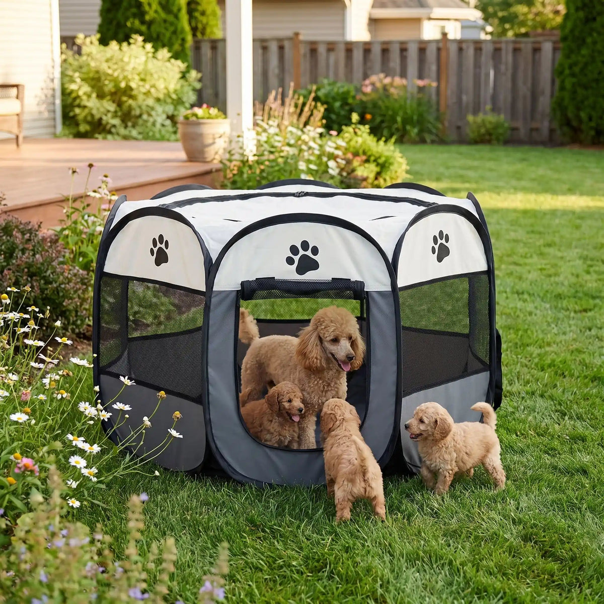 Parc-pour-chien-pliable-chiot-imperméable de forme octogonal en tissu oxford résistant et maille respirante pour une visibilité et ventilation à 360°  niche ou tente entourante avec toit amovible anti-insectes et fond pvc solide et 100% imperméable, structure en tiges d'acier, transport léger avec  poignée et rangement compact,disponible en 3 tailles M, L, XL avec design mignon de pattes de chien-un chienne avec ses chiot en sécurité dans le parc gris avec sa porte ouverte pour un accès dans le jardin