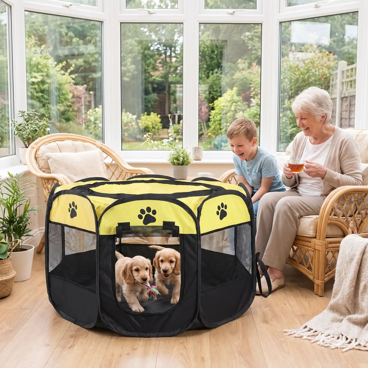 Parc-pour-chien-pliable-chiot-imperméable de forme octogonal en tissu oxford résistant et maille respirante pour une visibilité et ventilation à 360°  niche ou tente entourante avec toit amovible anti-insectes et fond pvc solide et 100% imperméable, structure en tiges d'acier, transport léger avec  poignée et rangement compact,disponible en 3 tailles M, L, XL avec design mignon de pattes de chien-deux chiots de race moyenne qui jouent en sécurité dans le parc sous le regard amusé d'un garçon et sa mamie 