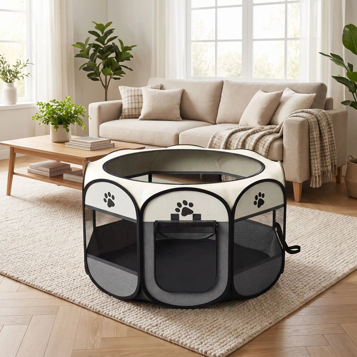 Parc-pour-chien-pliable-chiot-imperméable de forme octogonal en tissu oxford résistant et maille respirante pour une visibilité et ventilation à 360°  niche ou tente entourante avec toit amovible anti-insectes et fond pvc solide et 100% imperméable, structure en tiges d'acier, transport léger avec  poignée et rangement compact,disponible en 3 tailles M, L, XL avec design mignon de pattes de chien-gros plan sur le parc gris et beige pour chiot de toute tailles et chien adultes de petite à moyenne taille