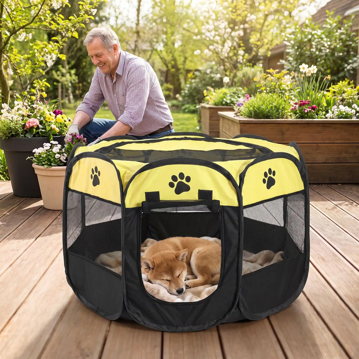 Parc-pour-chien-pliable-chiot-imperméable de forme octogonal en tissu oxford résistant et maille respirante pour une visibilité et ventilation à 360°  niche ou tente entourante avec toit amovible anti-insectes et fond pvc solide et 100% imperméable, structure en tiges d'acier, transport léger avec  poignée et rangement compact,disponible en 3 tailles M, L, XL avec design mignon de pattes de chien-un chien de race moyenne qui dort couché en sécurité dans le parc pendant que son maitre jardine 