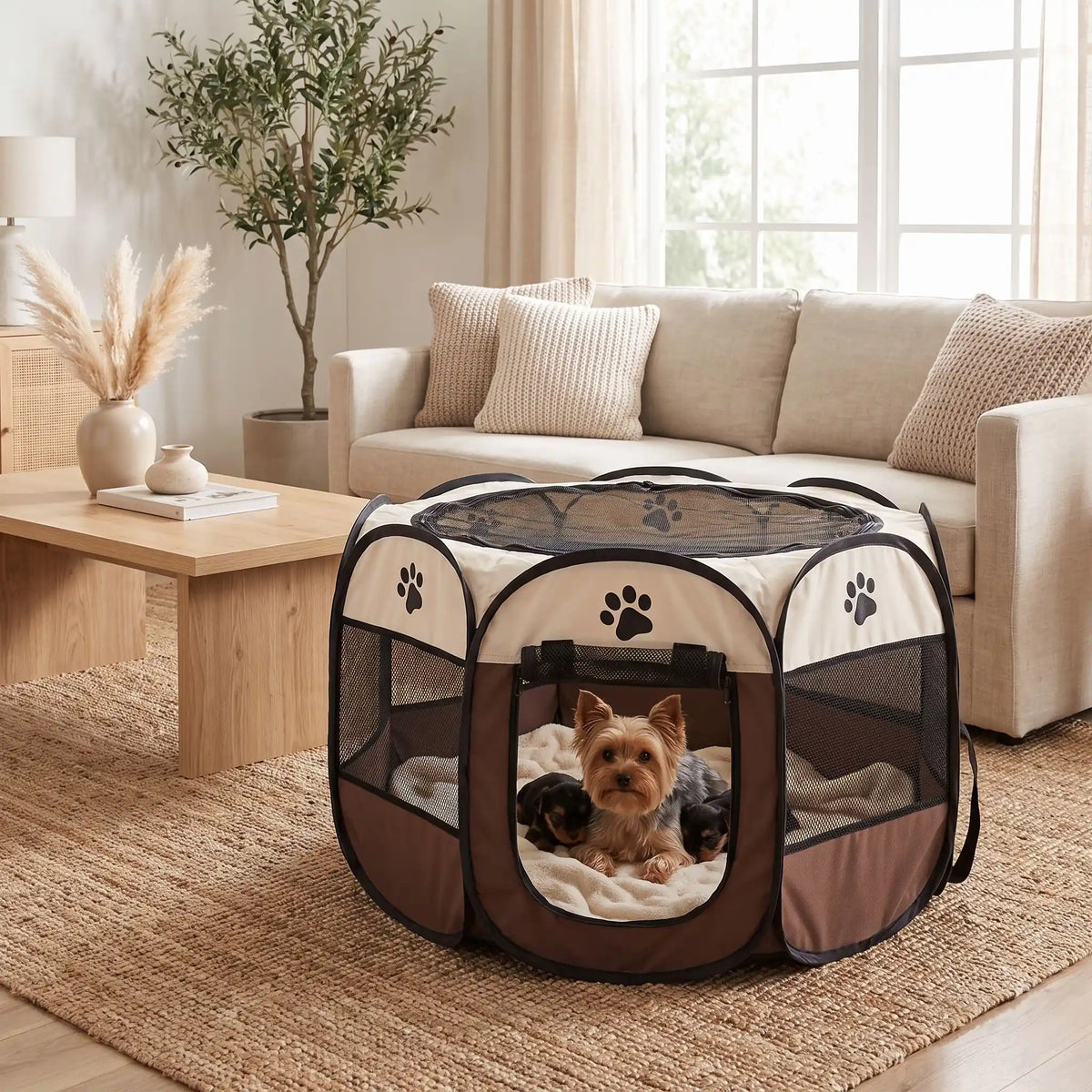 Parc-pour-chien-pliable-chiot-imperméable de forme octogonal en tissu oxford résistant et maille respirante pour une visibilité et ventilation à 360°  niche ou tente entourante avec toit amovible anti-insectes et fond pvc solide et 100% imperméable, structure en tiges d'acier, transport léger avec  poignée et rangement compact,disponible en 3 tailles M, L, XL avec design mignon de pattes de chien-un chien de petite taille anxieux niché en sécurité dans le parc marron avec sa porte ouverte dans le salon 