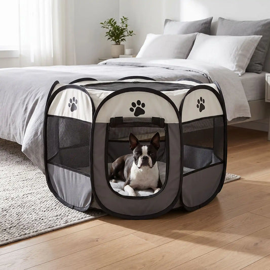 Parc-pour-chien-pliable-chiot-imperméable de forme octogonal en tissu oxford résistant et maille respirante pour une visibilité et ventilation à 360°  niche ou tente entourante avec toit amovible anti-insectes et fond pvc solide et 100% imperméable, structure en tiges d'acier, transport léger avec  poignée et rangement compact,disponible en 3 tailles M, L, XL avec design mignon de pattes de chien-un chien de race moyenne couché en sécurité dans le parc gris avec sa porte ouverte au pied du lit de ses maitre