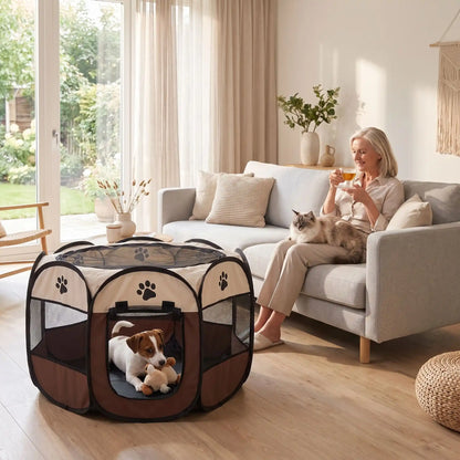 Parc-pour-chien-pliable-chiot-imperméable de forme octogonal en tissu oxford résistant et maille respirante pour une visibilité et ventilation à 360°  niche ou tente entourante avec toit amovible anti-insectes et fond pvc solide et 100% imperméable, structure en tiges d'acier, transport léger avec  poignée et rangement compact,disponible en 3 tailles M, L, XL avec design mignon de pattes de chien-un chiot de petite race qui joue en sécurité dans le parc marron au pied de sa maitresse assise avec son chat 