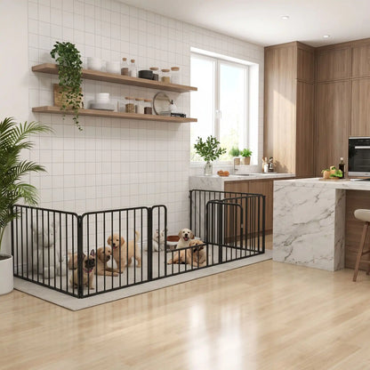 Parc-pour-chiens-chiots-intérieur- modulable avec panneaux, 1 porte avec serrures, adaptable en plusieur forme rectangulaire, hexagonal, carré,en barrière pour les chiot et petit chien d'une hauteur maximum de 40 cm du sol au haut de l'épaule du chien, dimensions généreuses et robuste, pour une utilisation intérieur et extérieur avec ses piquet de fixation, pliable et transportable-des chiots de race moyenne en toute sécurité dans le parc en acier noir installé en barrière contre le mur dans la cuisine