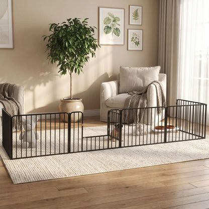 Parc-pour-chiens-chiots-intérieur- modulable avec panneaux, 1 porte avec serrures, adaptable en plusieur forme rectangulaire, hexagonal, carré,en barrière pour les chiot et petit chien d'une hauteur maximum de 40 cm du sol au haut de l'épaule du chien, dimensions généreuses et robuste, pour une utilisation intérieur et extérieur avec ses piquet de fixation, pliable et transportable-un chiot de race moyenne assis en toute sécurité dans le parc en acier noir intallé en barrière dans le salon de l'appartement