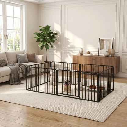 Parc-pour-chiens-chiots-intérieur- modulable avec panneaux, 1 porte avec serrures, adaptable en plusieur forme rectangulaire, hexagonal, carré,en barrière pour les chiot et petit chien d'une hauteur maximum de 40 cm du sol au haut de l'épaule du chien, dimensions généreuses et robuste, pour une utilisation intérieur et extérieur avec ses piquet de fixation, pliable et transportable-un chiot de race moyenne installé en toute sécurité dans le parc en acier noir en version rectangulaire dans le salon 
