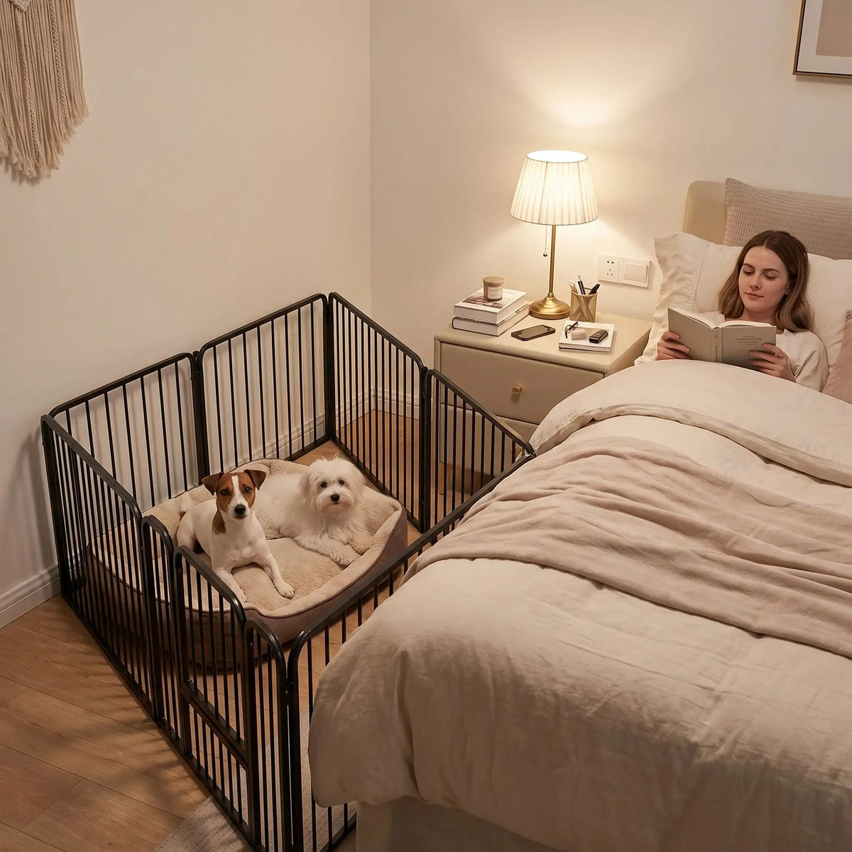 Parc-pour-chiens-chiots-intérieur- modulable avec panneaux, 1 porte avec serrures, adaptable en plusieur forme rectangulaire, hexagonal, carré,en barrière pour les chiot et petit chien d'une hauteur maximum de 40 cm du sol au haut de l'épaule du chien, dimensions généreuses et robuste, pour une utilisation intérieur et extérieur avec ses piquet de fixation, pliable et transportable-deux petits chiens couchés dans leur panier dans leur parc en version carré au pied du lit de leurs maitres dans la chambre 