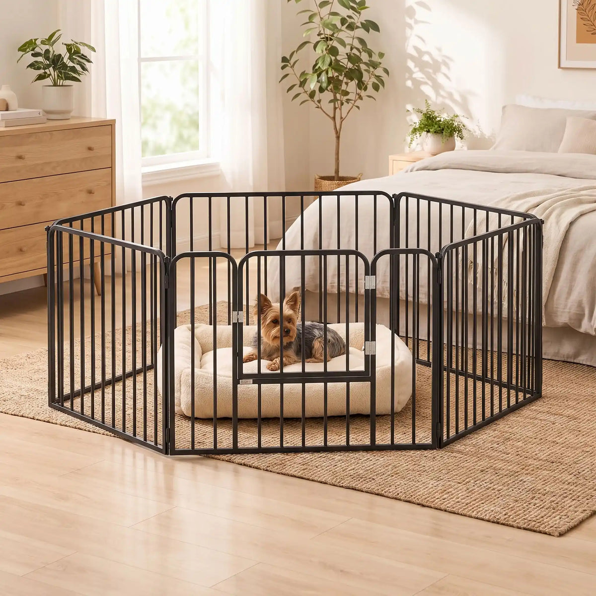 Parc-pour-chiens-chiots-intérieur- modulable avec panneaux, 1 porte avec serrures, adaptable en plusieur forme rectangulaire, hexagonal, carré,en barrière pour les chiot et petit chien d'une hauteur maximum de 40 cm du sol au haut de l'épaule du chien, dimensions généreuses et robuste, pour une utilisation intérieur et extérieur avec ses piquet de fixation, pliable et transportable-un chien de petite race couché dans son panier en toute sécurité dans le parc en acier noir en version hexagonale porte fermée 