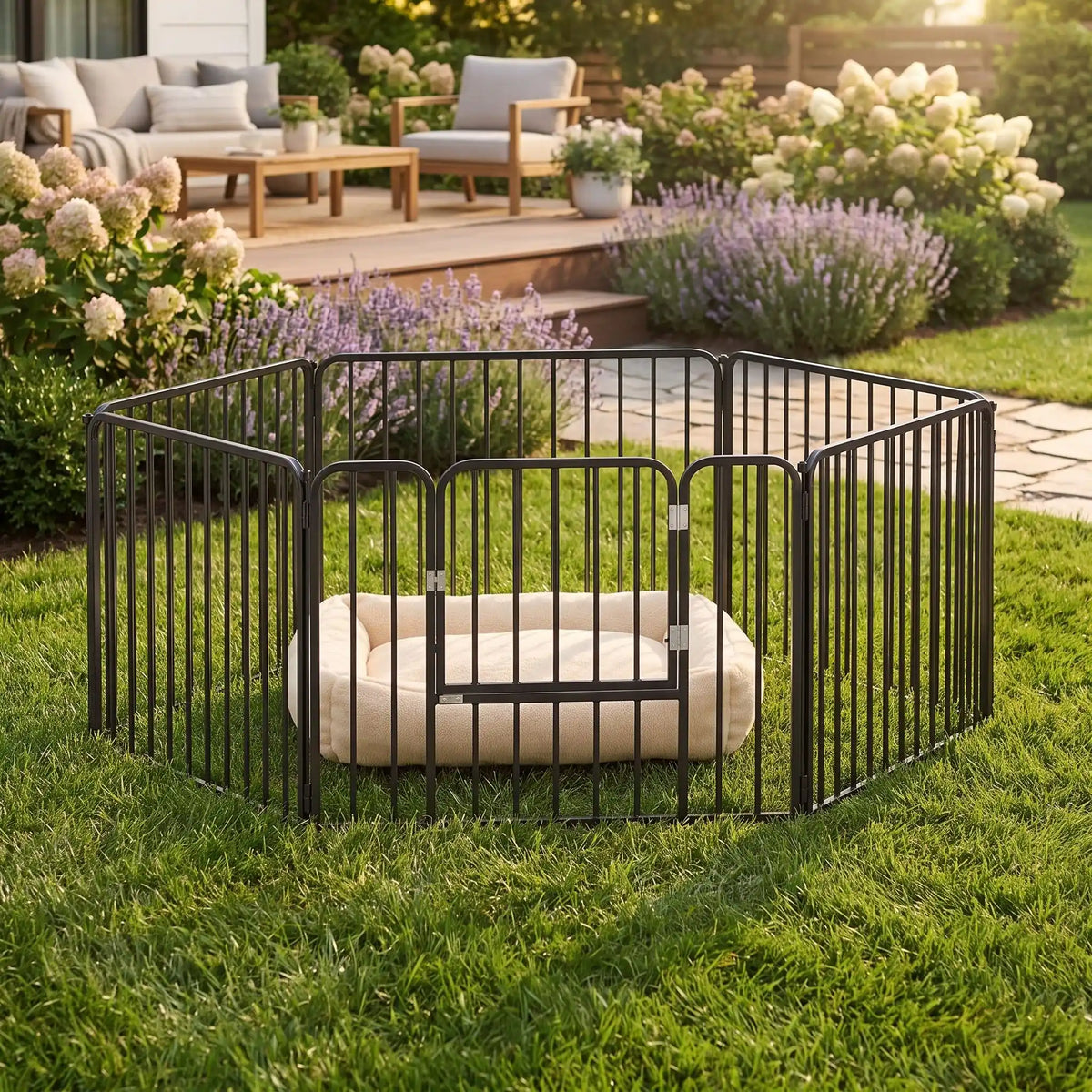 Parc-pour-chiens-chiots-intérieur- modulable avec panneaux, 1 porte avec serrures, adaptable en plusieur forme rectangulaire, hexagonal, carré,en barrière pour les chiot et petit chien d'une hauteur maximum de 40 cm du sol au haut de l'épaule du chien, dimensions généreuses et robuste, pour une utilisation intérieur et extérieur avec ses piquet de fixation, pliable et transportable-gros plan sur le parc en acier noir installé grâce aux piquets sur la pelouse du jardin en forme hexagonale