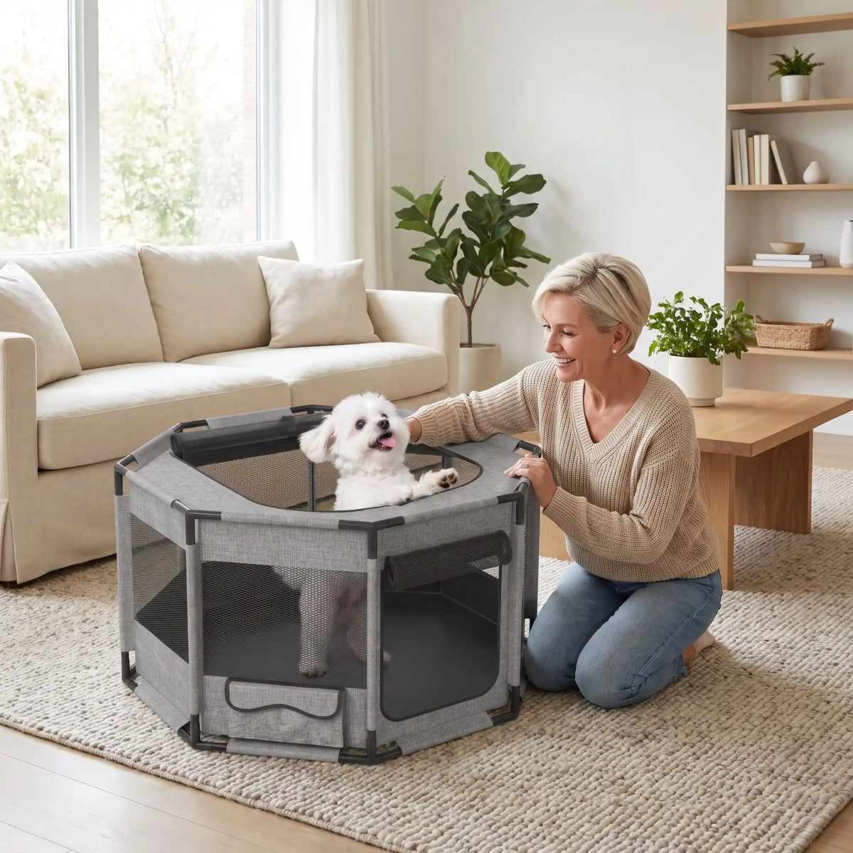 Parc-pour-chiot-pliable, imperméable de forme octogonal en tissu oxford résistant et maille respirante pour une visibilité et ventilation à 360°  niche ou tente entourante avec toit amovible anti-insectes et fond pvc solide et 100% imperméable, structure en PVC cylindrique épais , transport léger, démontable et lavable compact,disponible en 2 tailles M,et L- un chien de petite race qui se fait caliner par le toit ouvert en maille par sa maitresse dans le salon de l'appartement
