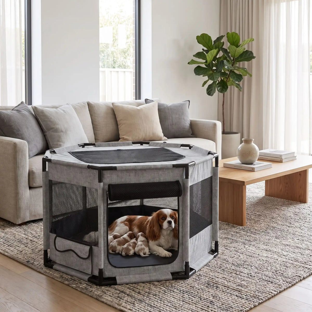 Parc-pour-chiot-pliable, imperméable de forme octogonal en tissu oxford résistant et maille respirante pour une visibilité et ventilation à 360°  niche ou tente entourante avec toit amovible anti-insectes et fond pvc solide et 100% imperméable, structure en PVC cylindrique épais , transport léger, démontable et lavable compact,disponible en 2 tailles M,et L- un chien de race moyenne avec ses chiots qui se allaite dans son parc cosy et stable avec porte ouverte et toit fermés dans le salon de la maison