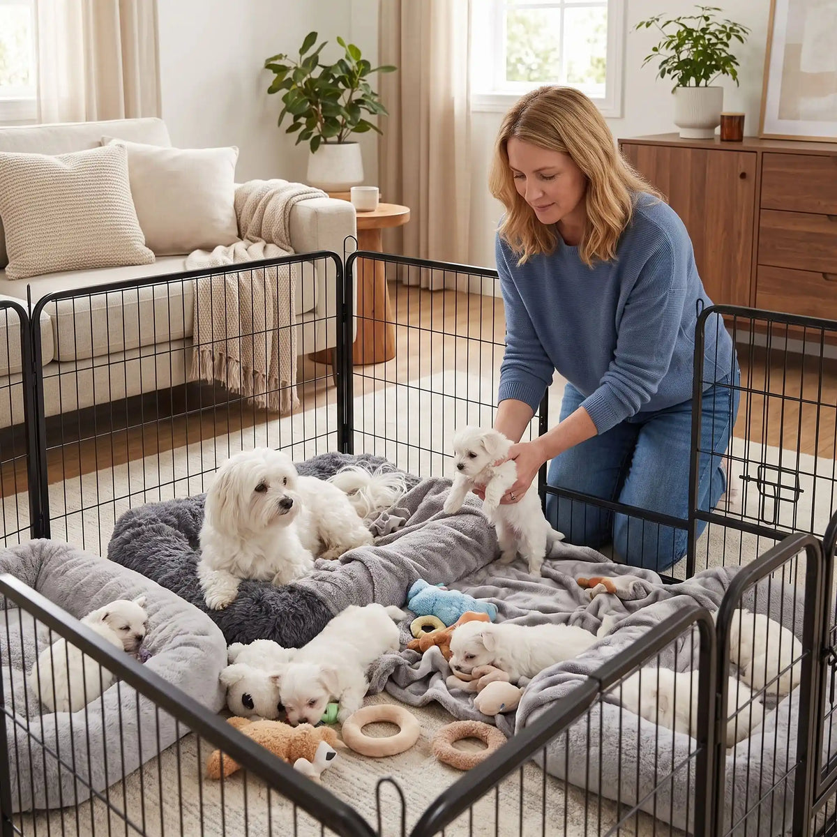 Parc-pour-petit-chien-chiot-modulable avec panneaux, 2 portes avec serrures sécurisés, adaptable en plusieur forme rectangulaire, hexagonal, carré ou en L pour les chiot et petit chien d'une hateur maximum de 40 cm du sol au haut de l'épaule du chien, dimensions généreuses et robuste, pour une utilisation intérieur et extérieur avec ses piquet de fixation, pliable et transportable-un petit chien et ses chiots couchés confortablement dans le parc en acier ou sa maitresse lui met un de ses petits en sécurité