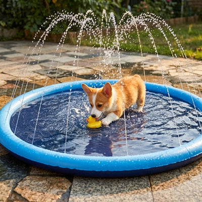 Pataugeoire-pour-chien-chiot-piscine, tapis d'eau rafraichissant avec jets d'eau de couleur bleue, PVC résistant antidérapant raccordable à un tuyau d'arrosage avec adaptateur universel, pas besoin d'outil ni de glonflage,n installation immédiate, en 3 tailles S, L et XL de diamètre de 100 /150 et 200 cm pour chien et chiot de petite à grande taille-un chiot de taille moyenne qui se rafraichit avec son jouet flottant au milieu de la pataugeoire bleu avec jet dans le jardin de la maison en été