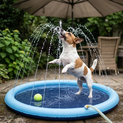 Pataugeoire-pour-chien-chiot-piscine, tapis d'eau rafraichissant avec jets d'eau de couleur bleue, PVC résistant antidérapant raccordable à un tuyau d'arrosage avec adaptateur universel, pas besoin d'outil ni de glonflage,n installation immédiate, en 3 tailles S, L et XL de diamètre de 100 /150 et 200 cm pour chien et chiot de petite à grande taille-un chien de petite race qui se rafraichit et essaye d'attrapper les jets d'eau de la pataugeoire bleue sur la terrasse de la maison en été