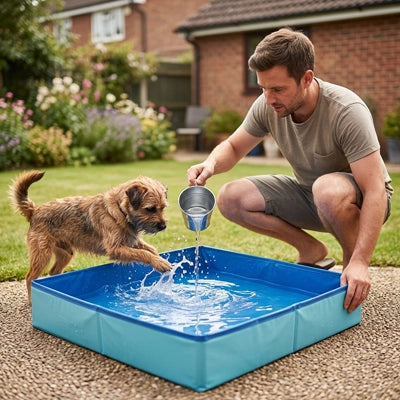 Pataugeoire-pour-chien-chiot-petite race, race toy et miniature, PVC renforcé, paroi rigide, pliable, compact, forme carré , fond antidérapant, résistante aux griffes, transportable, séchage rapide, anti-UV, en deux coloris bleu et rouge, pateaugeaoire pour les chiens plus grand-un chiot de petite race qui se fait rafraichir dans la pateaugoire de 50x50x10 cm avec bord rigide mouillé par son maitre qui la rempli avec un seau sur la terrasse du jardin de la maison en été au retour de balade