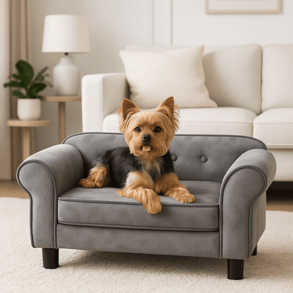 Petit-canape-pour-chien-capitonné-design moderne avec coussin amovible épais en mousse hypoallergénique déhoussable et lavable en machine avec pied et structure en bois de sapin massif-un petit chien couché confortablement sur le petit canapé dans le salon de l'appartement