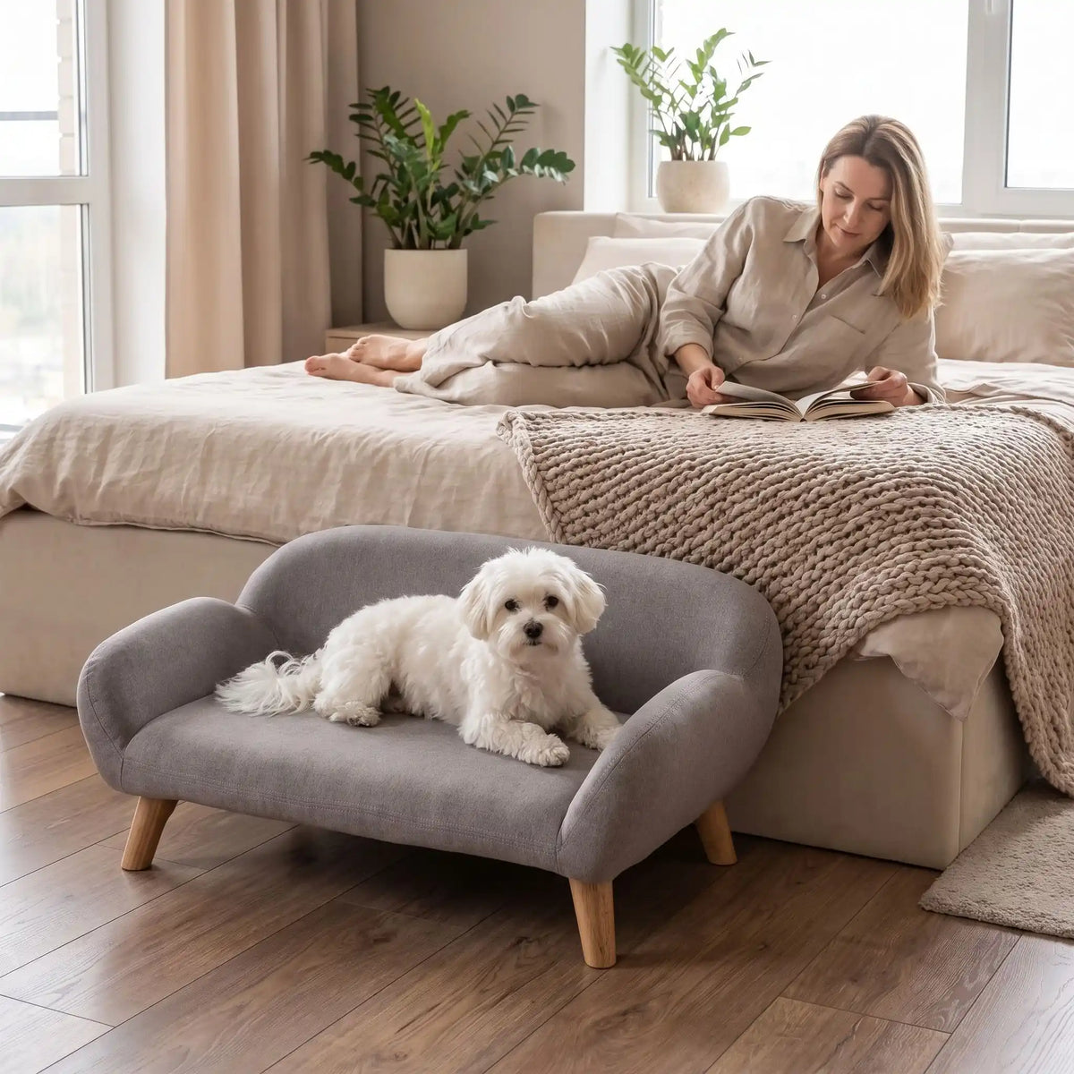 Petit-canape-pour-chien-chiot-design de couleur gris, dossier et accoudoirs arrondis dans un style scandinave, tissu résistant aux griffes, rembourrage 100% coton haute densité pour un confort optimal, structure en bois massif et surélevé avec 4 pieds en bois massif pour chiot et chien de 0 à 8 kilos-un petit chien couché confortablement sur son canapé gris design sur pied en bois massif et rembourrage en éponge coton ergonomique au pied du lit de sa maitresse alllongée qui lit dans la chambre 