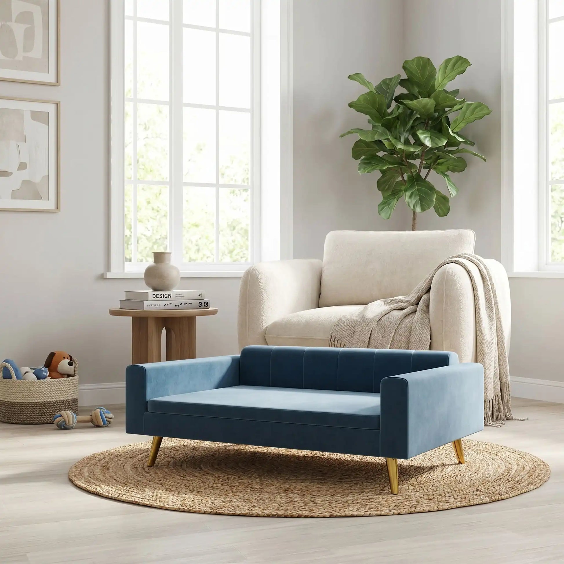 Petit-canapé-pour-chien-chiot-design scandinave chic en velours sur 4 pieds inoxydable de couleur doré avec patin antidérapants et anti rayures , dossier et accoudoirs rembourrés 100% coton haute densité et coussin amovible déhoussable et lavable en machine à laver pour chiot et chien de petite à moyenne taille de 0 à 15 kilos max- gros plan sur le canapé pour petit chien en velours doux et resistant aux griffes de couleur bleu surélevé par ses 4 pieds dorés et sa structure robuste en acier dans le salon 