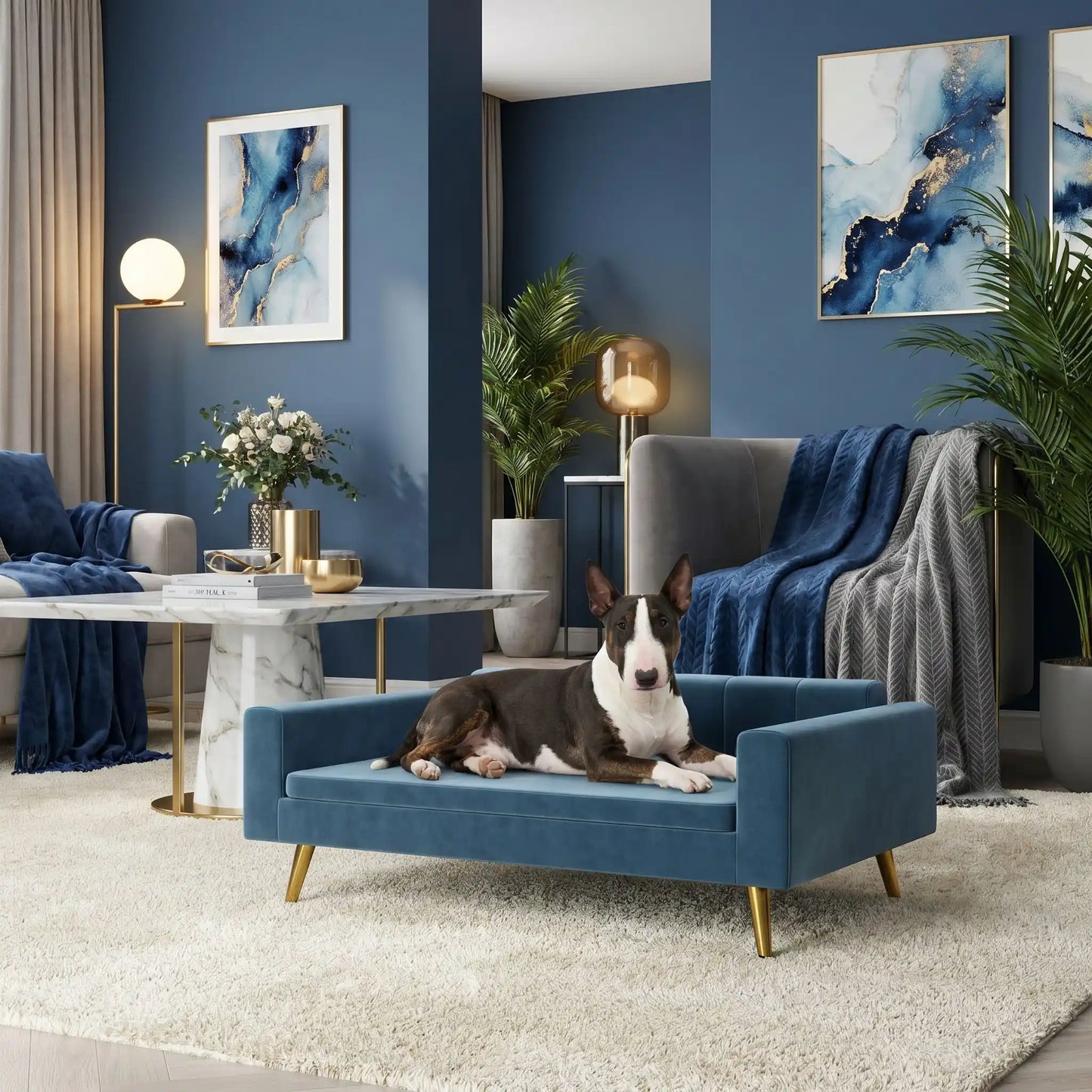 Petit-canapé-pour-chien-chiot-design scandinave chic en velours sur 4 pieds inoxydable de couleur doré avec patin antidérapants et anti rayures , dossier et accoudoirs rembourrés 100% coton haute densité et coussin amovible déhoussable et lavable en machine à laver pour chiot et chien de petite à moyenne taille de 0 à 15 kilos max- un chien de race miniature couché sur le canapé lit design compact au lignes épurées de couleur bleu sur pieds dorés dans le salon design et moderne de l'appartement