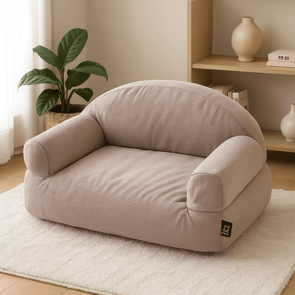 Petit-canapé-pour-chien-déhoussable et lavable en machine-100% coton haute densité ergonomique-housse résistante aux griffes-antidérapant-avec dossier et 2 accoudoirs-écoresponsable-matériau 100% naturel, hypoallergénique et respirant-pour petit chien et chiot jusqu'à 7 kg-dimensions 60x45 cm