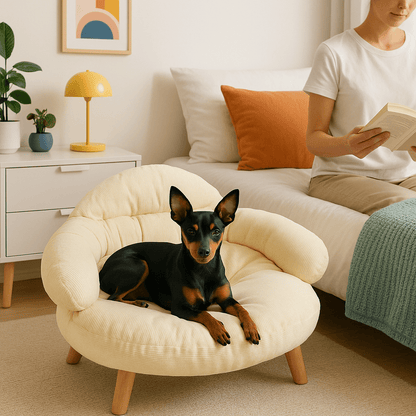 Petit-canapé-pour-chien-lavable-un pinscher nain couché et heureux sur son canapé jaune moelleux 100% coton et bois dans la chambre à coucher à côté du lit de son maitre-lit surélevé pour chiot chien de petite taille et race naine