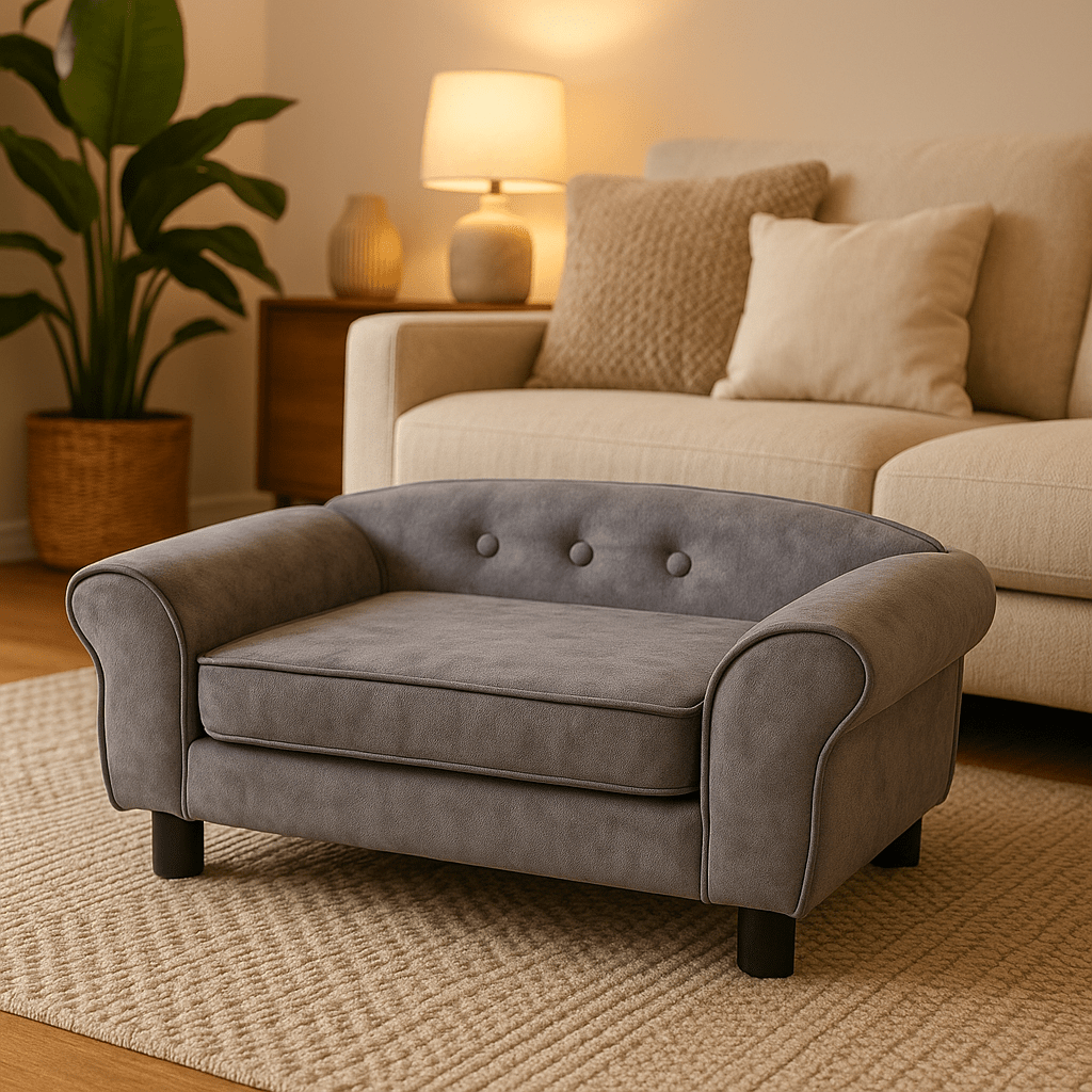 Petit-canape-pour-chien-race-naine-gris et design soigné et moderne-dossier capitonné, coussin intérieur épais en mousse haute densité déhoussable t lavable en machine et revêtement en tissu en peluche douce et courte comme du velours-surélevé par 4 pieds noir