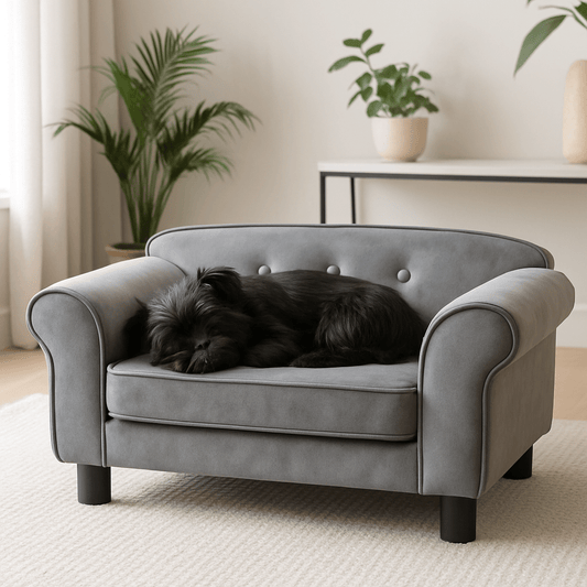Petit-canape-pour-chien-robuste-un chien de taille naine qui dort paisiblement sur le canapé entourant et anti-anxiété avec son coussin intérieur en mousse haute densité déhoussable et lavable en machine avec 4 pieds-structure en bois de sapin massif et revêtement en tissu respirant et solide 