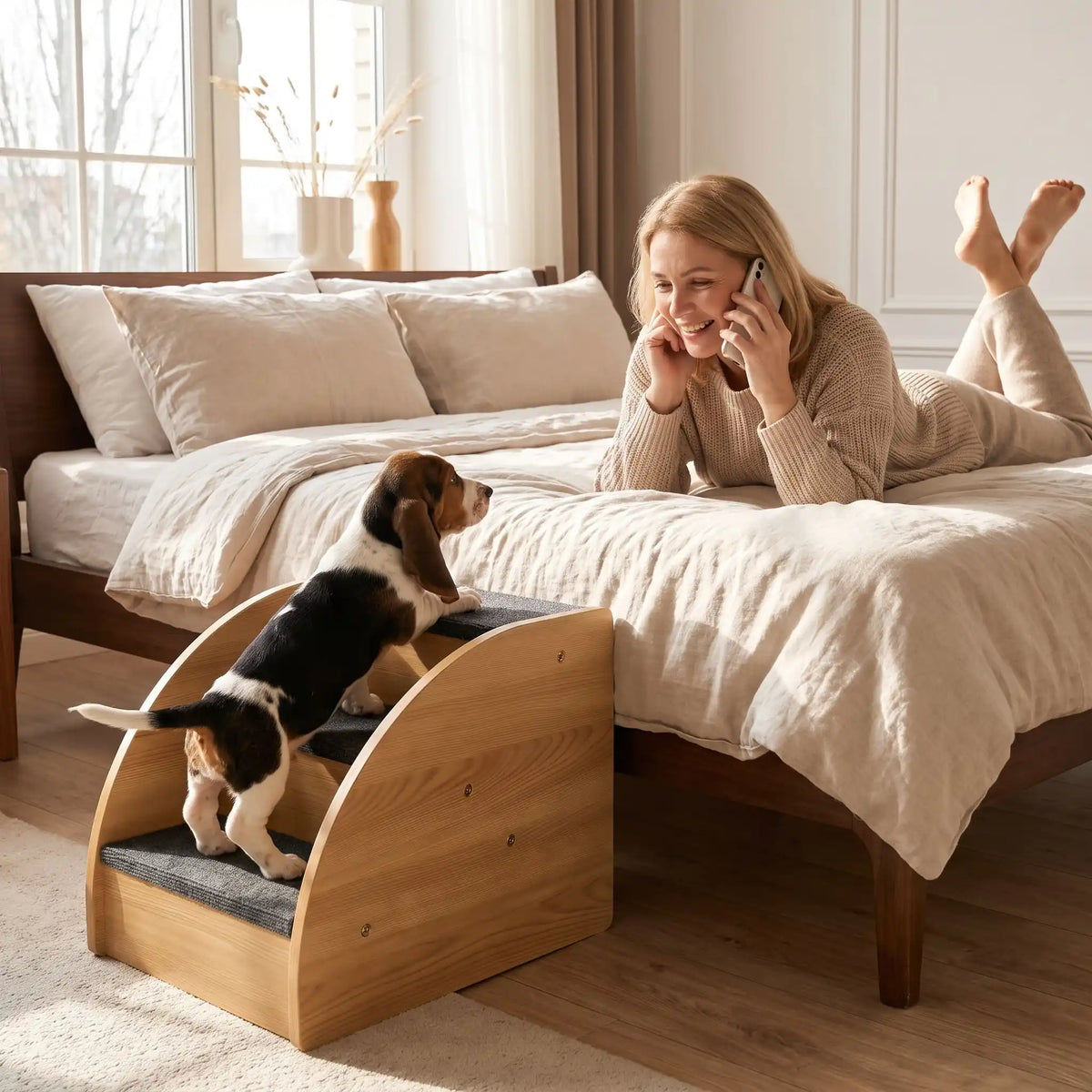 Petit-escalier-pour-chien et chiot design en bois-de chêne de 3 marches en tissu antidérapant noir, structure robuste et stable pourun accès facile au canapé, lit, etc., pour chiot et chien de petite taille- un chiot de race à pattes courtes qui montent en toute sécurité sur les marche en bois avec tissu antidérapant pour rejoindre facilement sa maitresse qui l'appelle pour qu'il vienne avec elle sur son lit dans la chambre de la maison
