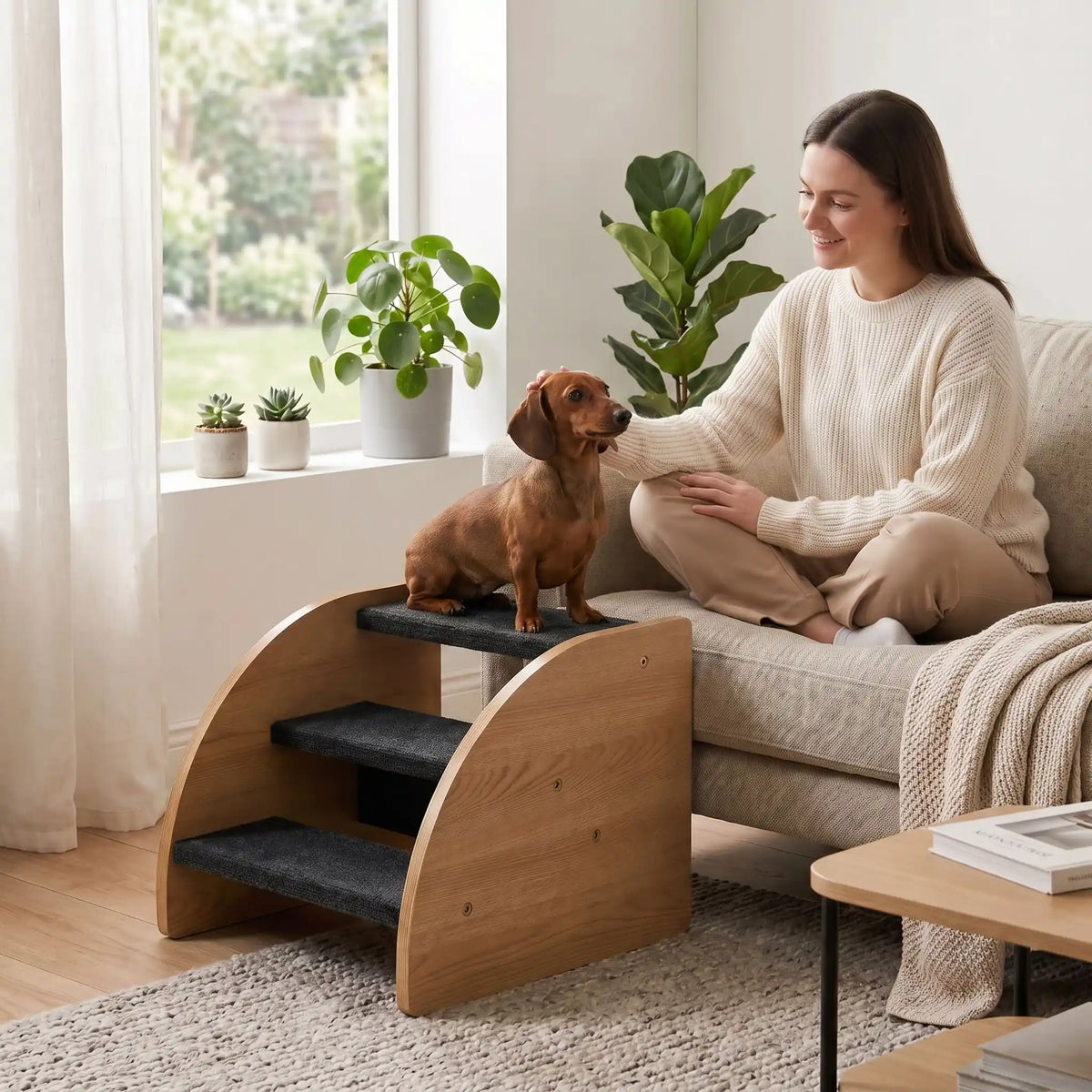 Petit-escalier-pour-chien et chiot design en bois-de chêne de 3 marches larges et sapcieuses en tissu antidérapant noir, structure robuste et stable pourun accès facile au canapé, lit, etc., pour chiot et chien de petite taille- un chiot de race à pattes courtes qui monte en toute sécurité sur les marche en bois avec tissu antidérapant pour rejoindre facilement sa maitresse qui l'appelle pour qu'il vienne avec elle sur le canapé du salon de l'appartement