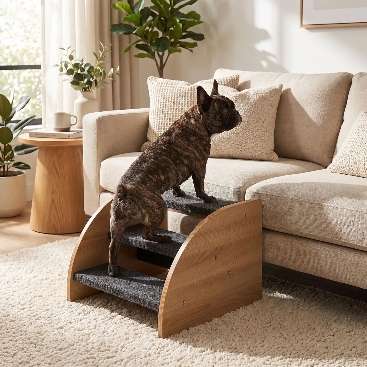 Petit-escalier-pour-chien et chiot design en bois-de chêne de 3 marches larges et sapcieuses en tissu antidérapant noir, structure robuste et stable pourun accès facile au canapé, lit, etc., pour chiot et chien de petite taille- un chien de petite taille qui monte en toute sécurité sur les 3 marches en bois avec tissu antidérapant pour rejoindre facilement le canapé du salon de l'appartement