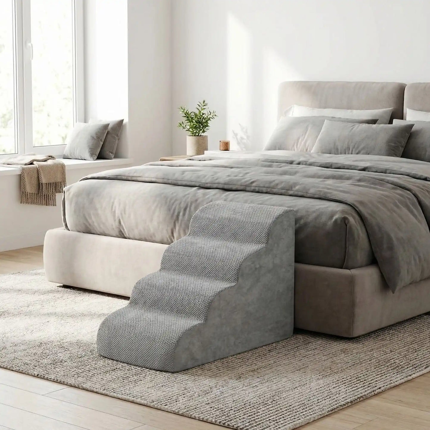 Petit-escalier-pour-chien-dehoussable-en-mousse haute résilience qui atténue la pressions sur  ses articulations, résistant et doux pour ses coussinets, déhoussable, imperméable et lavable en machine de couleur gris pour chien de petite taille, polyvalent compact et transportable-un escalier gris placé contre le lit du propriétaire du chien dans la chmabre de la maison