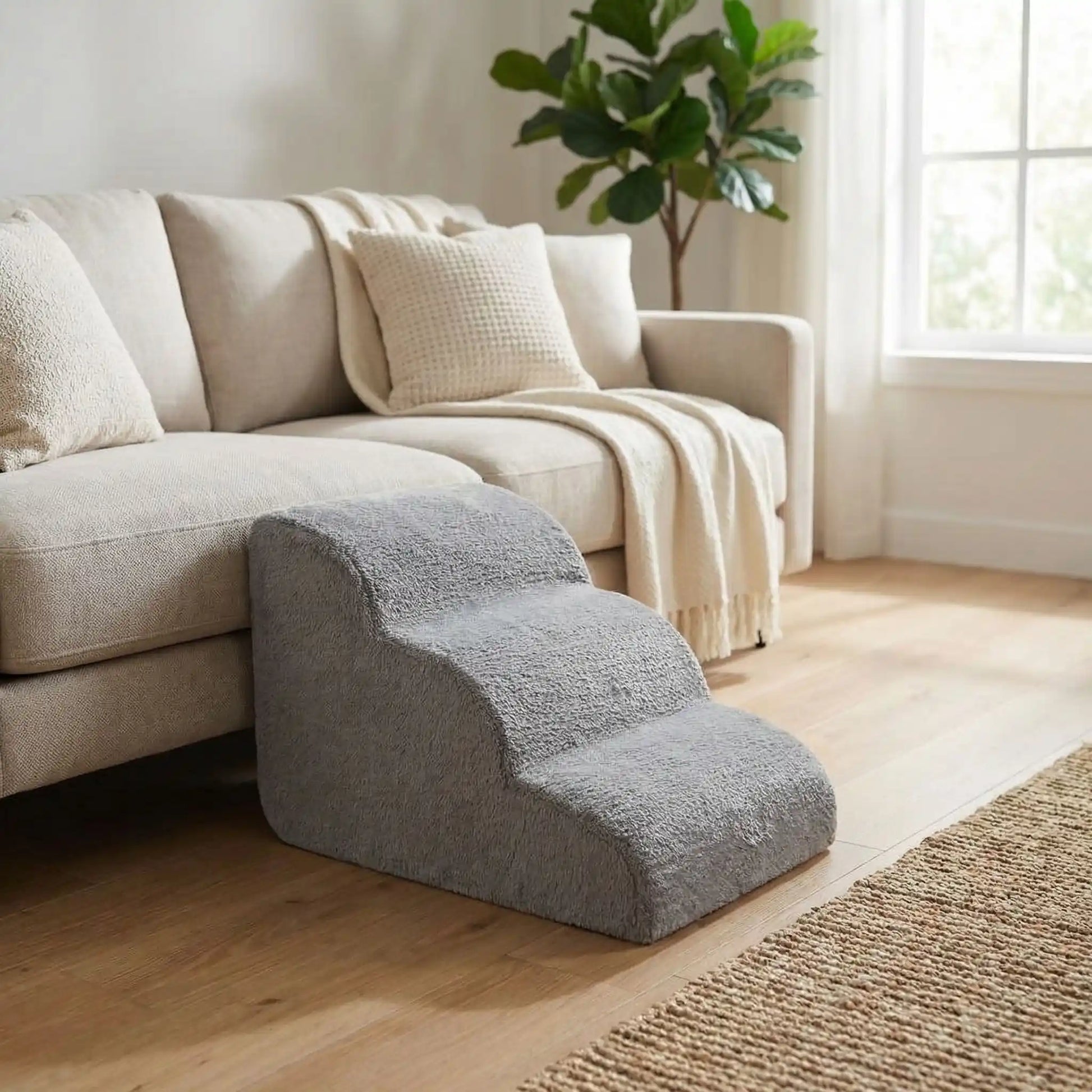 Petit-escalier-pour-chien-anti-deformationen mousse éponge haute résilience qui atténue la pressions sur  ses articulations, résistant et doux pour ses coussinets, déhoussable et lavable en machine de couleur gris pour chien de petite taille, polyvalent compact et transportable-dimesniosn de 60x42x39 cm pour chien de petite tailles composé de 3 marches