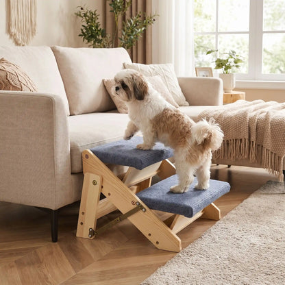 Petit-escalier-pour-chien-chiot pliable en bois de pin et tissu polyester doux et antidérapant résistant aux griffes-escabeau pour chien de 2 marches en bois naturel design our chiot et chien de petite à moyenne race, pliable, compact et léger de 2,7 kg facilement transportable avec 4 pieds antidérapant-un chien de moyenne taille qui monte sur l'escalier en toute sécurité pour rejoindre le canapé du salon de l'appartement
