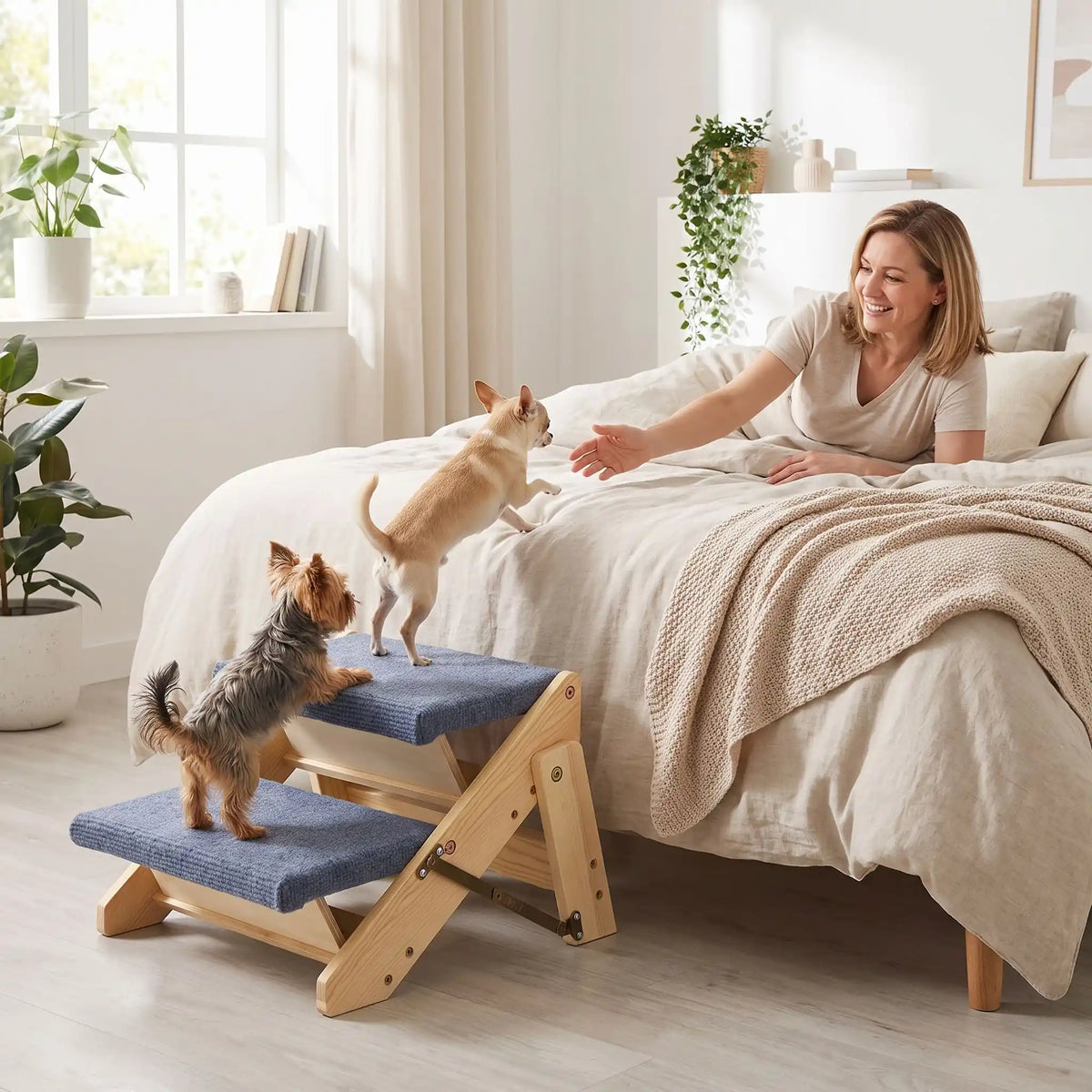 Petit-escalier-pour-chien-chiot pliable en bois de pin et tissu polyester doux et antidérapant résistant aux griffes-escabeau pour chien de 2 marches en bois naturel design our chiot et chien de petite à moyenne race, pliable, compact et léger de 2,7 kg facilement transportable avec 4 pieds antidérapant-2 chiens de race à pattes courtes qui montent sur l'escabeau en bois de 2 marches pour rejoindre leur maitresse en toute sécurité sur son lit dans la chambre de l'appartement
