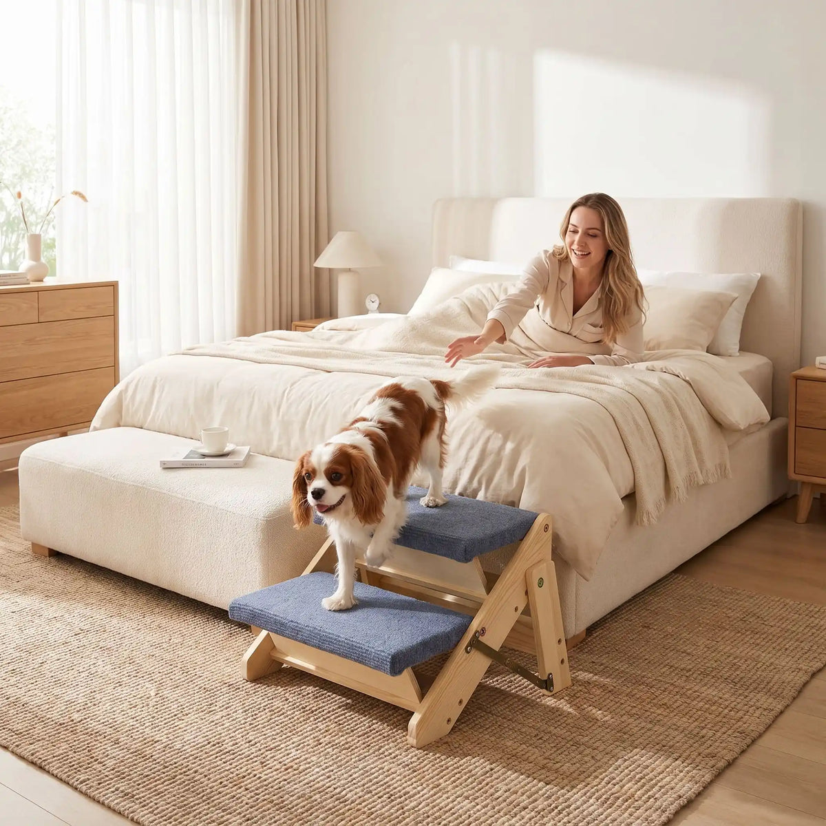 Petit-escalier-pour-chien-chiot pliable en bois de pin et tissu polyester doux et antidérapant résistant aux griffes-escabeau pour chien de 2 marches en bois naturel design our chiot et chien de petite à moyenne race, pliable, compact et léger de 2,7 kg facilement transportable avec 4 pieds antidérapant-un chien âgé de race moyenne à pattes courtes qui descend du lit de sa maitresse par l'escabeau en bois de 2 marches pour rejoindre le sol de la chambre en toute sécurité