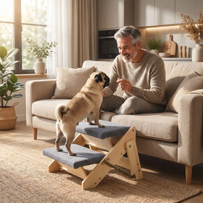 Petit-escalier-pour-chien-chiot pliable en bois de pin et tissu polyester doux et antidérapant résistant aux griffes-escabeau pour chien de 2 marches en bois naturel design our chiot et chien de petite à moyenne race, pliable, compact et léger de 2,7 kg facilement transportable avec 4 pieds antidérapant-un chien âgé de race moyenne à pattes courtes qui monte sur l'escabeau en bois de 2 marches pour rejoindre son maitre assis sur le canapé du salon pour une session câlins
