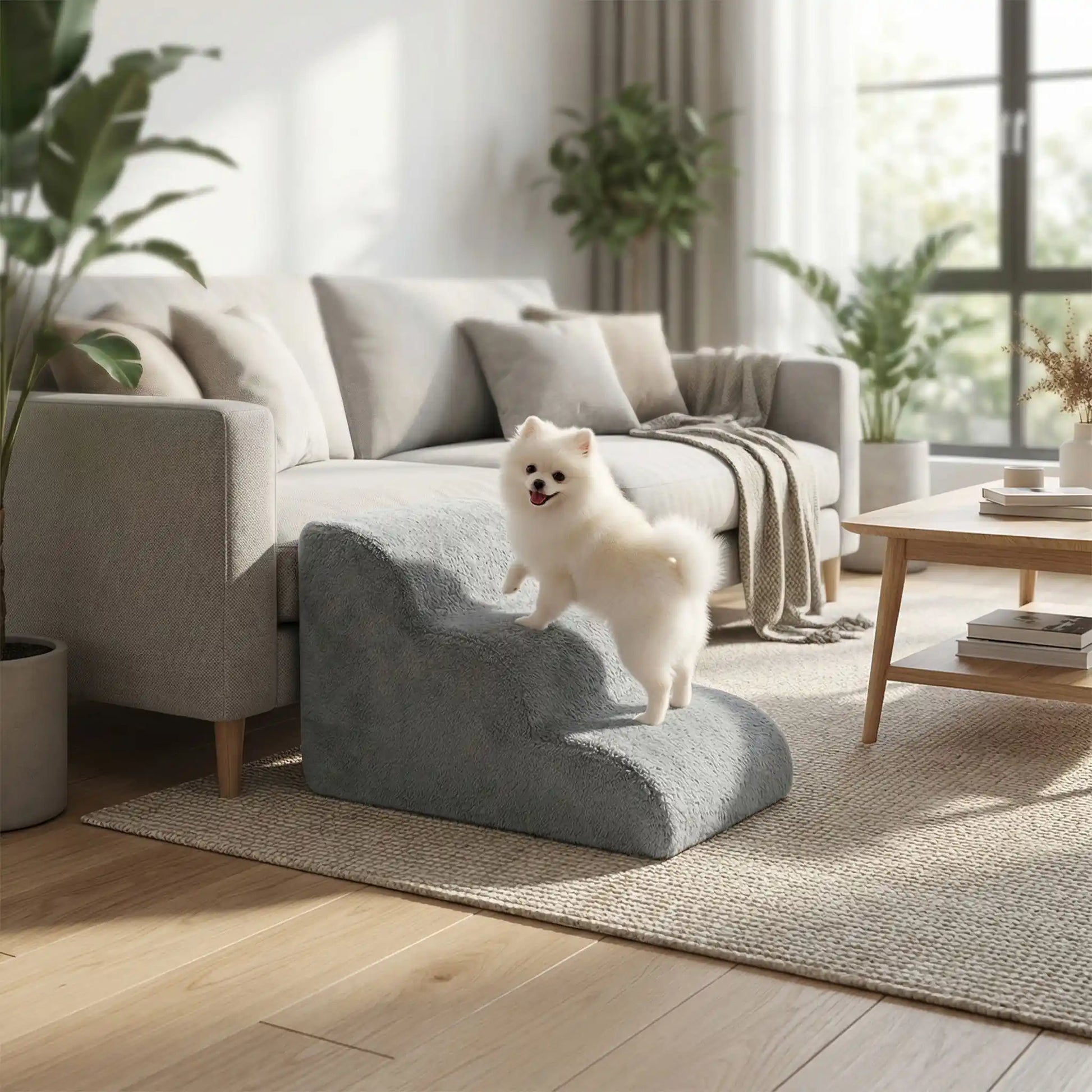 Petit-escalier-pour-chien-anti-deformationen mousse éponge haute résilience qui atténue la pressions sur  ses articulations, résistant et doux pour ses coussinets, déhoussable et lavable en machine de couleur gris pour chien de petite taille, polyvalent compact et transportable-un petit chien qui monte sur l'escalier pour rejoindre le canapé du salon de l'appartement