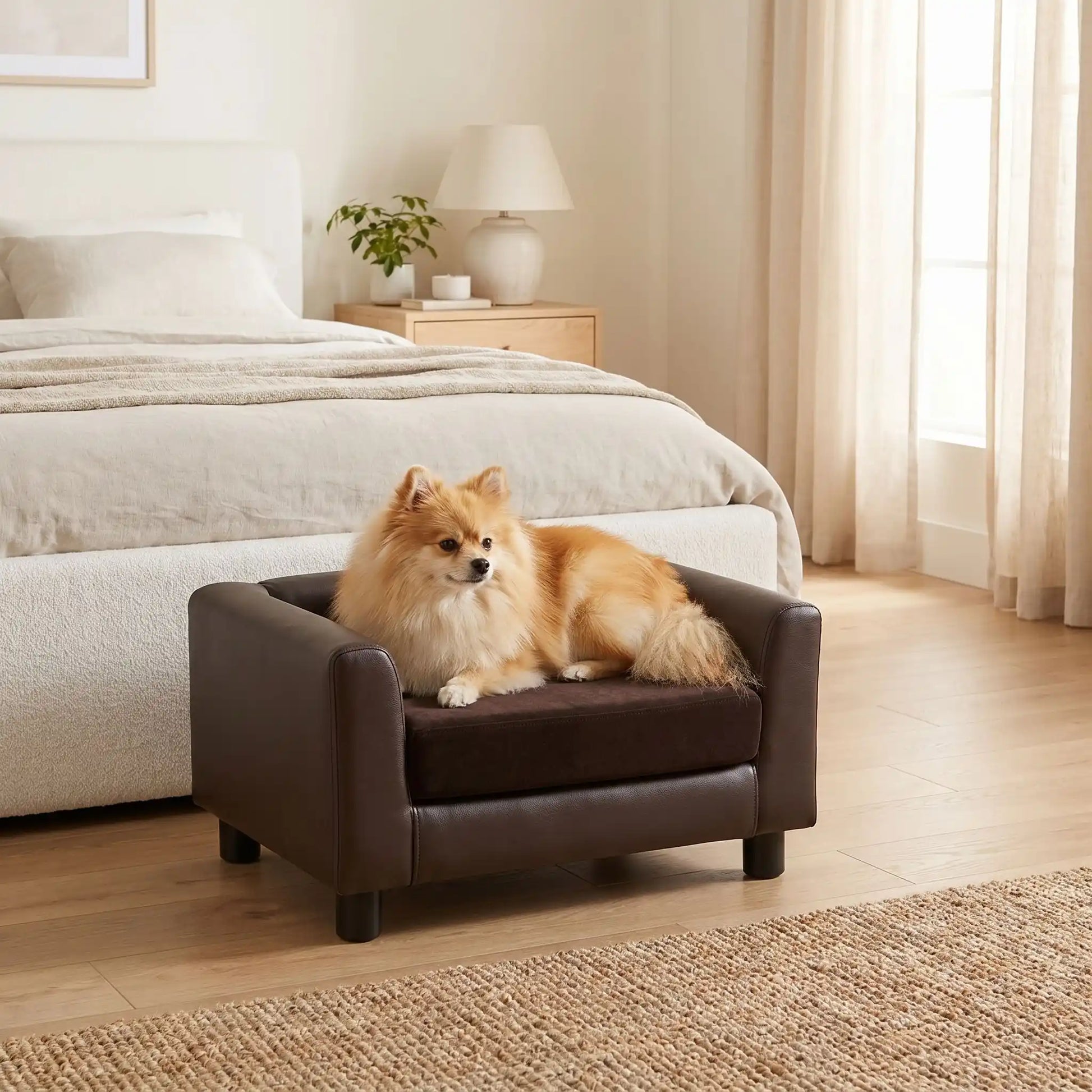 Petit-fauteuil-pour-chien-chiot-design en bois massif robuste  et cuir vegan sur 4 pieds avec coussin interieur épais rembourré 100% coton haute densité et ergonomique amovible déhoussable et lavable en machine, pied antidérapant et anti rayure pour chiot et chien de petite taille de 0 à 5 kilos-un petit chien qui se repose couché confortablement dans le mini canapé design de couleur marron dans la chambre lifestyle de la maison