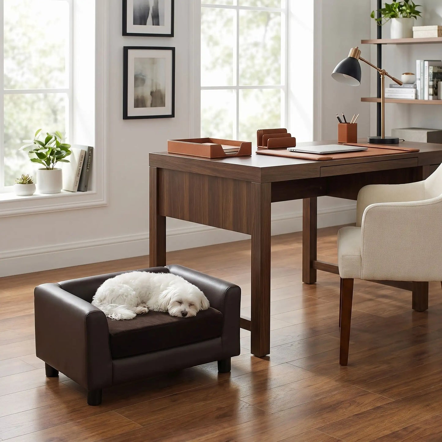 Petit-fauteuil-pour-chien-chiot-design en bois massif robuste  et cuir vegan sur 4 pieds avec coussin interieur épais rembourré 100% coton haute densité et ergonomique amovible déhoussable et lavable en machine, pied antidérapant et anti rayure pour chiot et chien de petite taille de 0 à 5 kilos-un Bichon maltais qui dort couché confortablement dans le mini canapé design de couleur marron dans le bureau en bois lifestyle de la maison