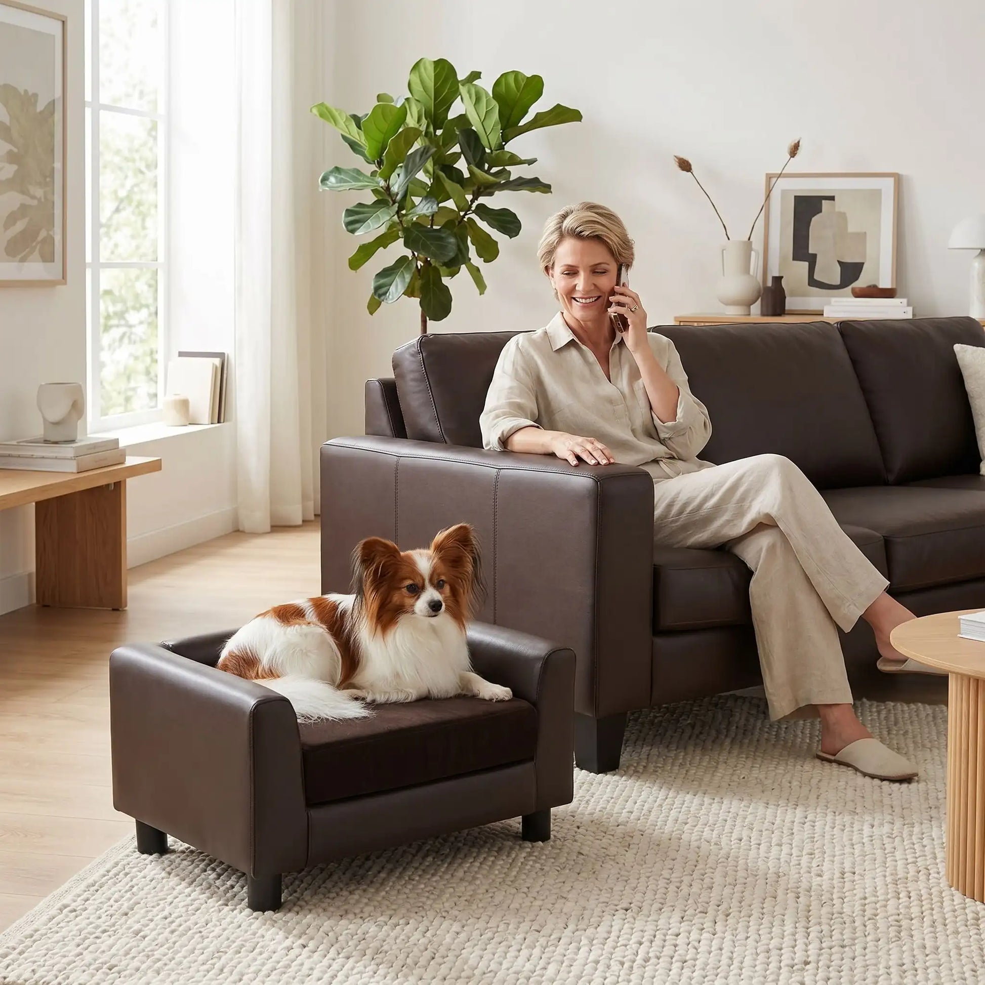 Petit-fauteuil-pour-chien-chiot-design en bois massif robuste  et cuir vegan sur 4 pieds avec coussin interieur épais rembourré 100% coton haute densité et ergonomique amovible déhoussable et lavable en machine, pied antidérapant et anti rayure pour chiot et chien de petite taille de 0 à 5 kilos-un chien de race toy couché confortablement dans le mini canapé design de couleur chocolat à côté de sa maitresse assise au téléphone dans son canapé dans le salon lifestyle de la maison