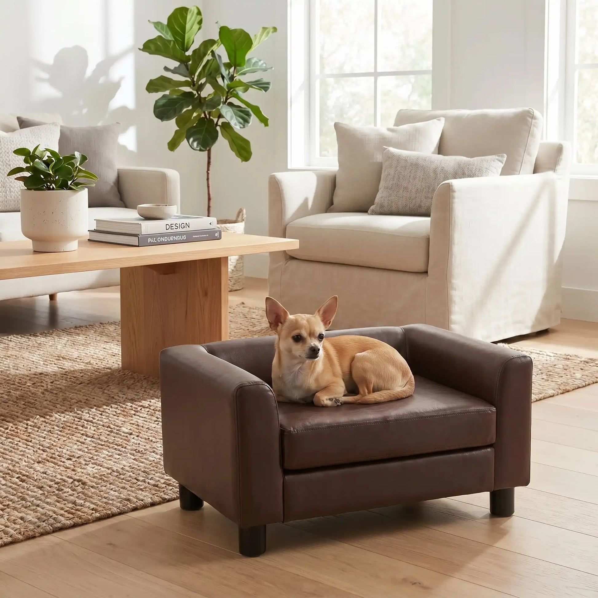 Petit-fauteuil-pour-chien-chiot-design en bois massif robuste  et cuir vegan sur 4 pieds avec coussin interieur épais rembourré 100% coton haute densité et ergonomique amovible déhoussable et lavable en machine, pied antidérapant et anti rayure pour chiot et chien de petite taille de 0 à 5 kilos-un chien de race miniature couché confortablement sur le mini canapé design de couleur marron dans le salon lifestyle et moderne de l'appartement