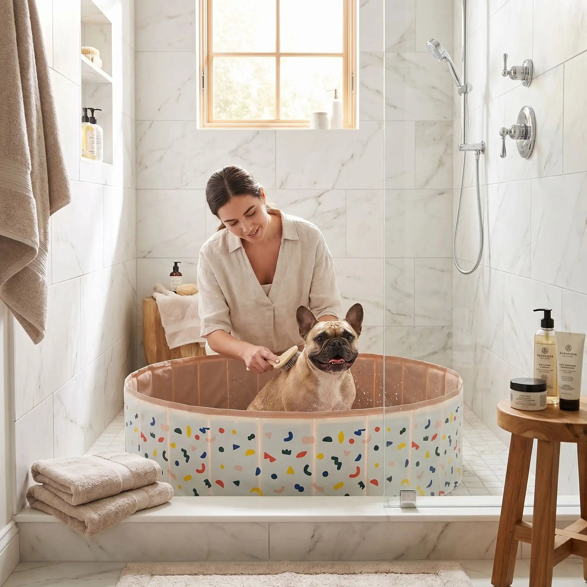 Piscine-pour-chien-rigide enpanneaux MDF robuste anti-affaissement, pliable et lavable de diamètre 120 cm et de 30 cm de hauteur étudié pour une entrée et sortie facile et sécurisé pour le chien avec bouchon de vidange pratique et rapide, polyvalente piscine à balle, bassin, baignoire pour toilettage-un bouledogue français qui se fait toiletter par sa maitresse dans la piscine robuste placé dans la douche de la salle de bain pour un toilettage sécurisé et anti salissures