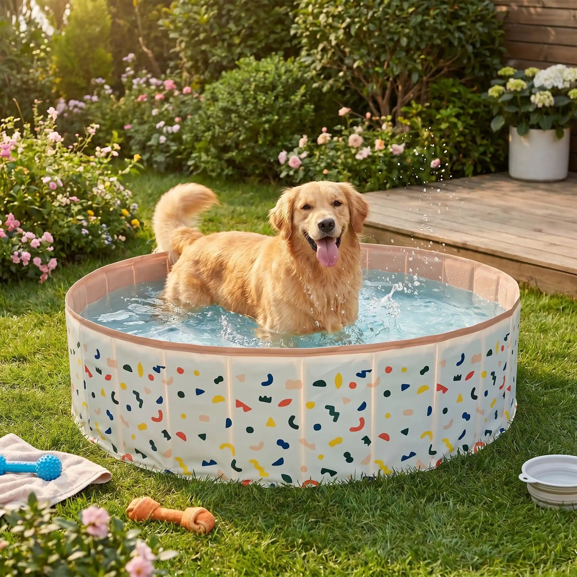Piscine-pour-chien-rigide enpanneaux MDF robuste anti-affaissement, pliable et lavable de diamètre 120 cm et de 30 cm de hauteur étudié pour une entrée et sortie facile et sécurisé pour le chien avec bouchon de vidange pratique et rapide, polyvalente piscine à balle, bassin, baignoire pour toilettage-un chien de taille moyenne heureux qui se baigne dans la piscine robuste au design mignon et discret dans le jardin de la maison en été