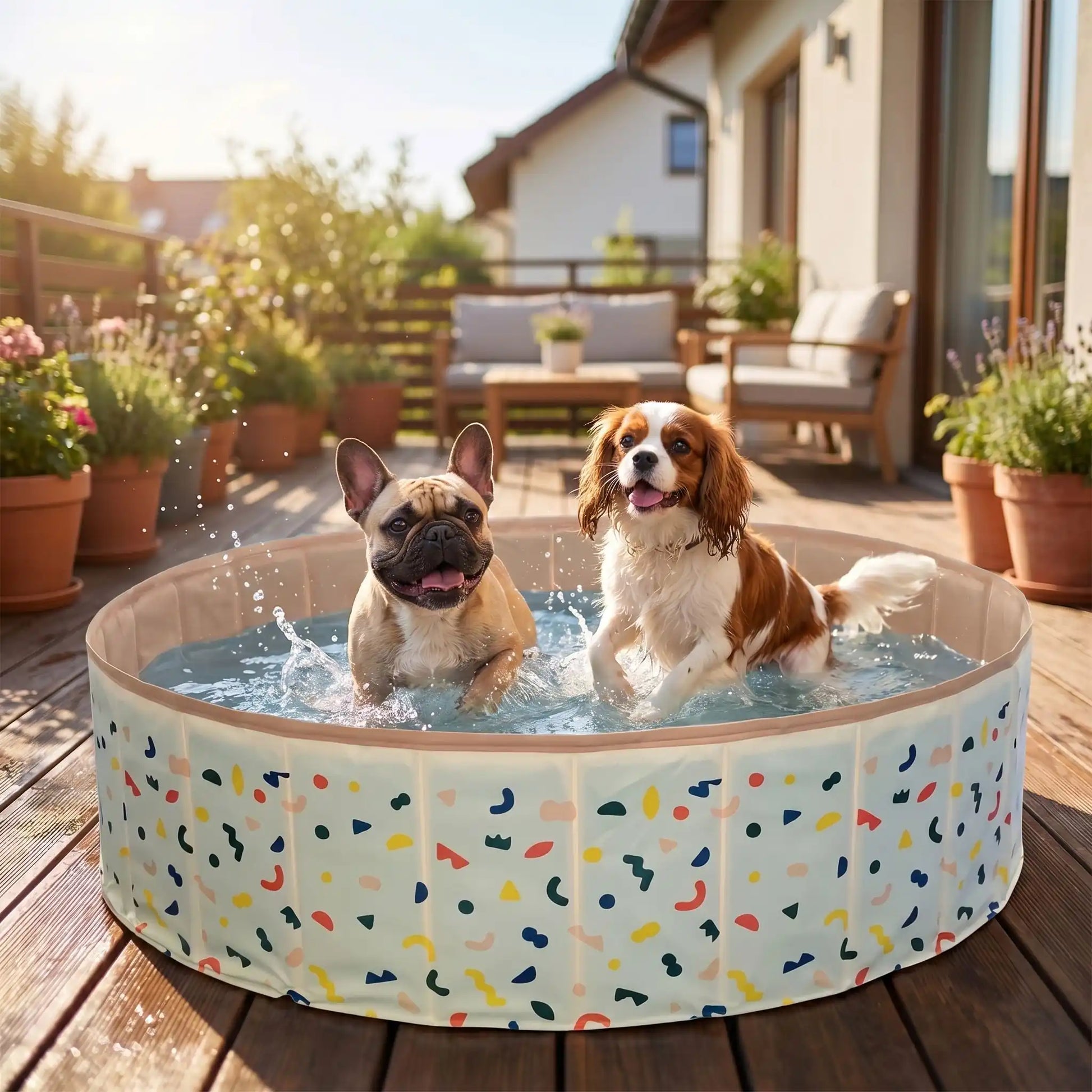 Piscine-pour-chien-rigide enpanneaux MDF robuste anti-affaissement, pliable et lavable de diamètre 120 cm et de 30 cm de hauteur étudié pour une entrée et sortie facile et sécurisé pour le chien avec bouchon de vidange pratique et rapide, polyvalente piscine à balle, bassin, baignoire pour toilettage-bouledogue français et un Cavalier kilg charles qui jouent joyeusement dans la piscine rigide sur la terrasse de l'appartement en été