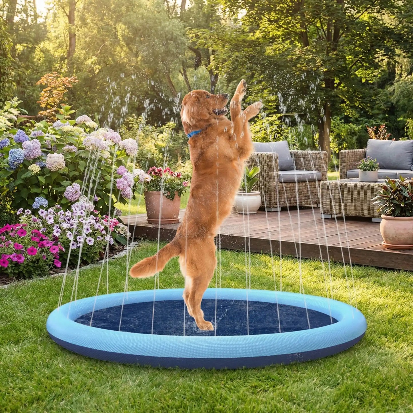 piscine-pour-chien-tapis-d-eau avec jet-installation instantané sans gonflage avec entrée pour le tuyau d'arrosage, fond antidérapant et résistant aux griffes-pliable et légère idéal pour les périodes estivales de grosse chaleur-un chien qheureux debout sur ses pattes arrière dans la piscine plate comme un tapis d'eau qui essaye d'attrapper les petits jets d'eau dans le jardin de la maison en été
