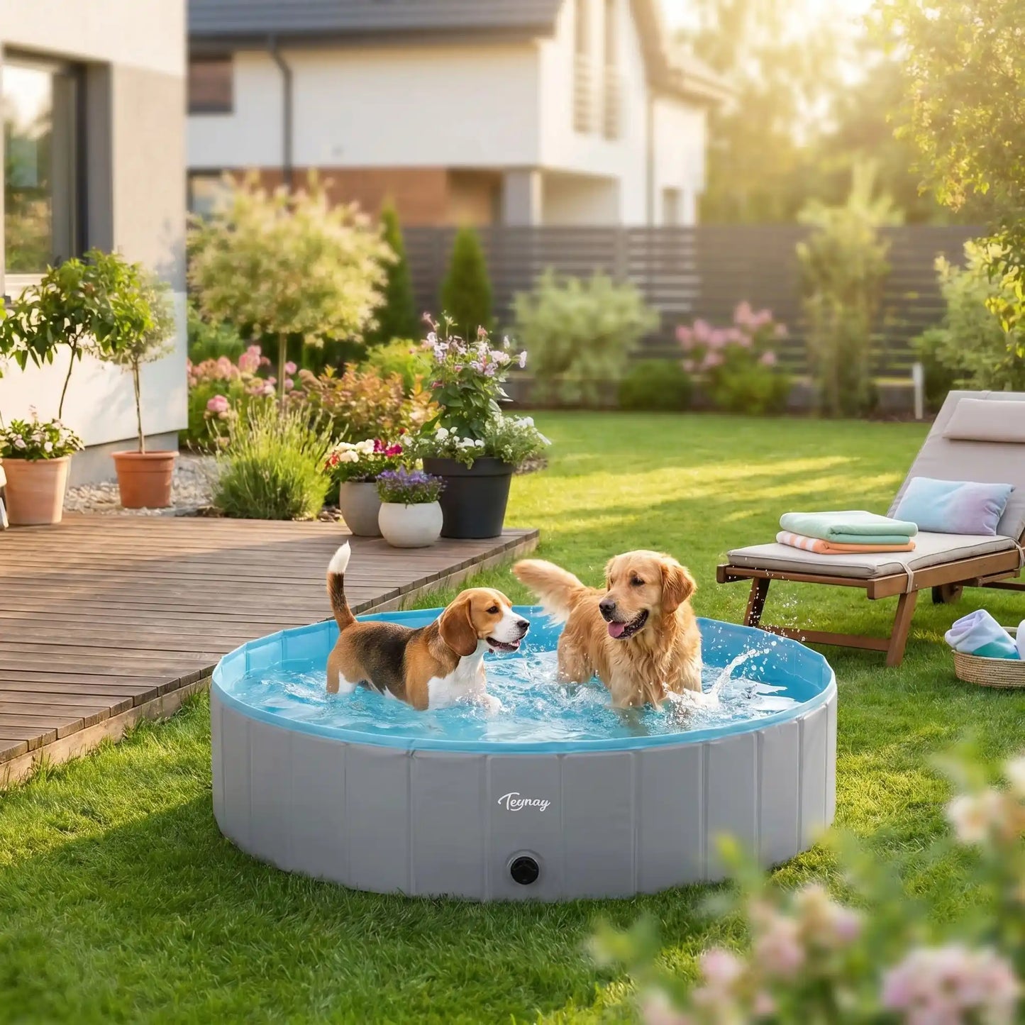 Piscine-pour-chien-xxl-chiot-rigide-bouchon-vidange rapide et facile,pliable et transportable en panneaux de fibres rigides et naturels avec PVC ultra-résistant avec couche intérieure renforcée de diamètre 160 cm pour chien de grande race, fond antidérapant et résistant aux griffes-un golden retriever et un beagle qui se baignent heureux dans la grande piscine pour chien rigide dans le jardin du pavillon en été