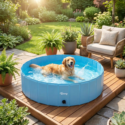 Piscine-pour-chien-xxl-chiot-rigide-bouchon-vidange rapide et facile,pliable et transportable en panneaux de fibres rigides et naturels avec PVC ultra-résistant avec couche intérieure renforcée de diamètre 160 cm pour chien de grande race, fond antidérapant et résistant aux griffes-un golden retriever se baigne et s'immerge complètement tout heureux dans la grande piscine pour chien rigide sur la terrasse du jardin de la maison en été