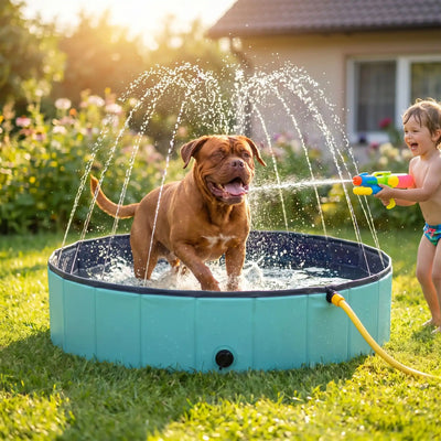 Piscine-pour-chien-xxl-chiot-avec- raccord universel au tuyau d'arrosage pour jets d'eau,rigide-vidange rapide et facile,pliable, transportable en panneaux de fibres rigides et naturels avec PVC ultra-résistant avec couche intérieure renforcée pour chien de grande race, fond antidérapant et résistant aux griffes-un chien de grande race qui se secoue heureux arrosé par les jets et le pistolet d'eau du petit garçon en maillot de bain dans la grande piscine pour chien rigide sur la terrasse du jardin en été