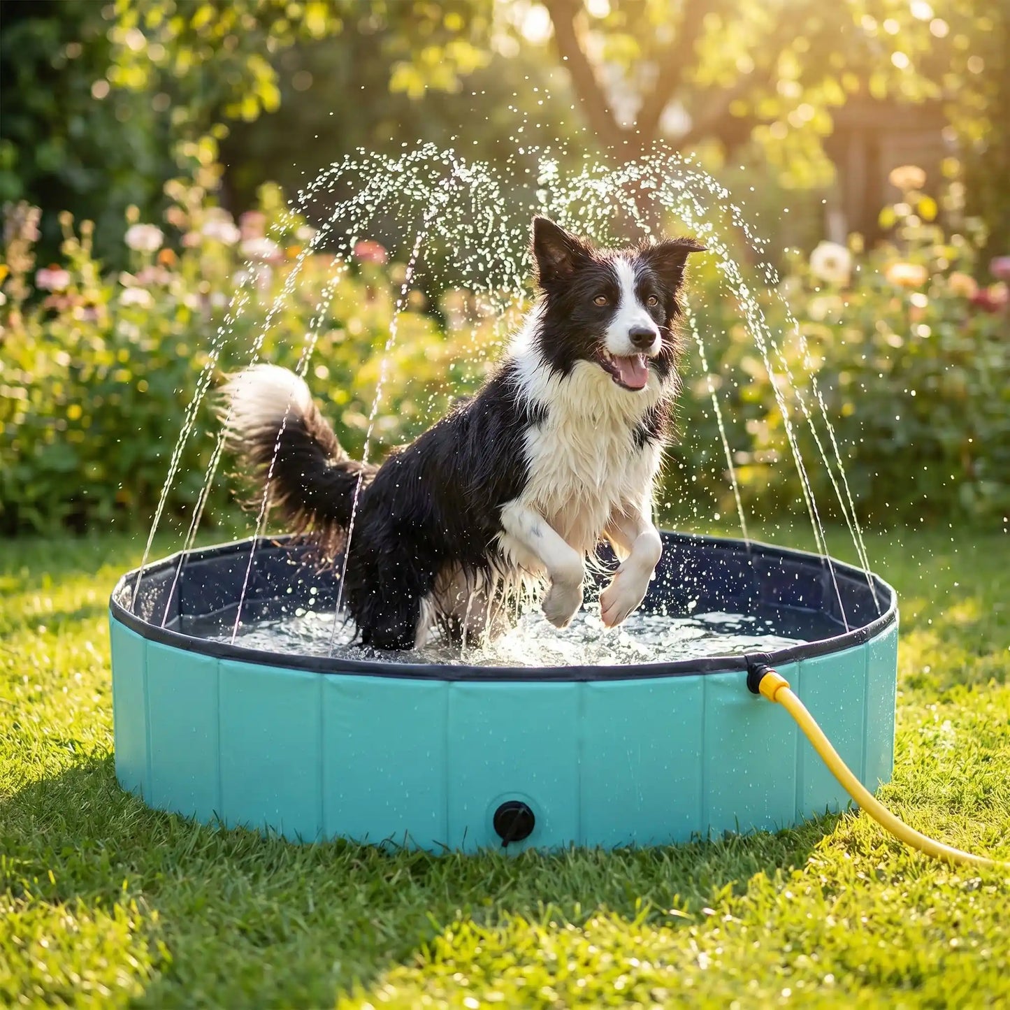 Piscine-pour-chien-xxl-chiot-avec- raccord universel au tuyau d'arrosage pour jets d'eau,rigide-vidange rapide et facile,pliable, transportable en panneaux de fibres rigides et naturels avec PVC ultra-résistant avec couche intérieure renforcée pour chien de grande race, fond antidérapant et résistant aux griffes-un chien de grande taille à poils longs et épais qui se baigne et essaye d'attraper avec sa machoires les jet dans la grande piscine pour chien rigide dans le jardin de la maison en été